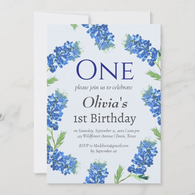 Invitación Bluebonnets 1er cumpleaños Floral azul (Anverso)