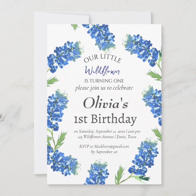 Invitación Bluebonnets 1er cumpleaños Floral azul (Anverso)
