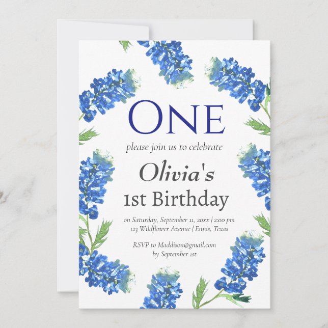 Invitación Bluebonnets 1er cumpleaños Floral azul (Anverso)