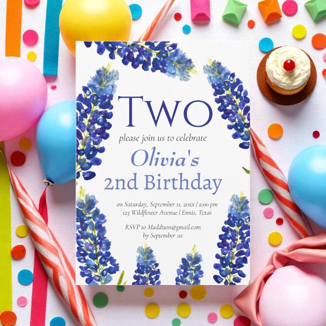 Invitación Bluebonnets 2º cumpleaños Floral azul (Subido por el creador)