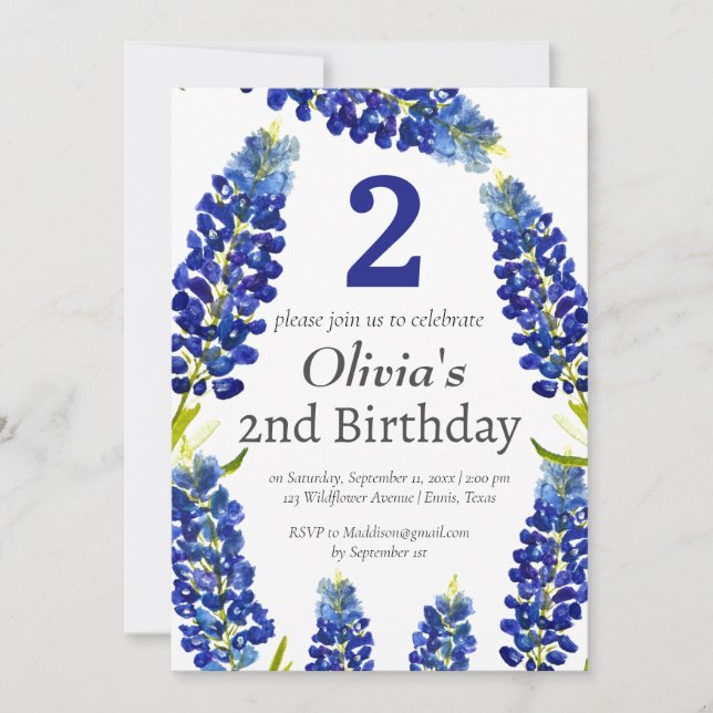 Invitación Bluebonnets 2º cumpleaños Floral azul (Anverso)
