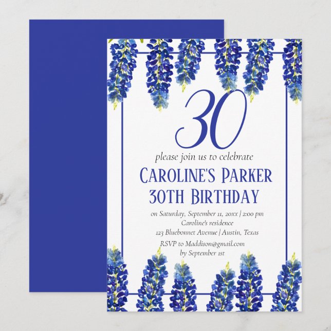 Invitación Bluebonnets 30º cumpleaños Floral Azul Texas (Anverso / Reverso)