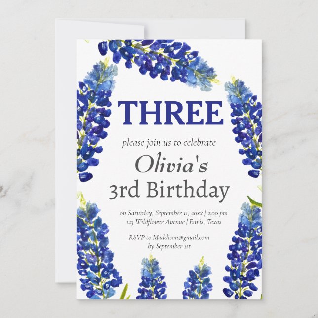 Invitación Bluebonnets 3er cumpleaños Floral azul (Anverso)