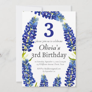 Invitación Bluebonnets 3er cumpleaños Floral azul