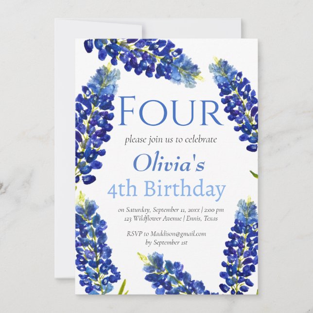 Invitación Bluebonnets 4º cumpleaños Chica azul Floral (Anverso)