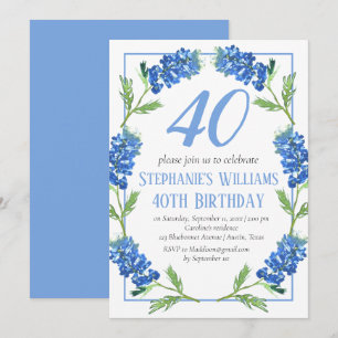 Invitación Bluebonnets 40º cumpleaños Floral Azul Texas