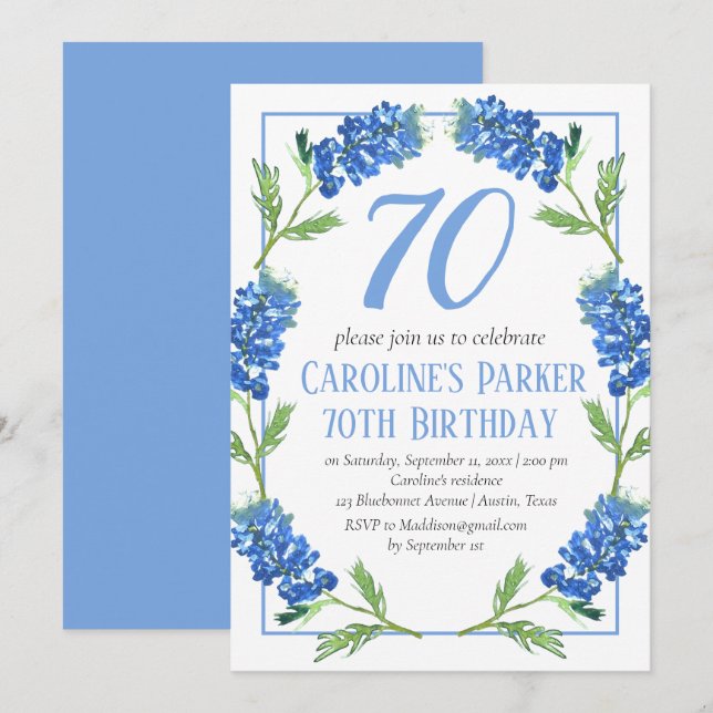 Invitación Bluebonnets 70º cumpleaños Blue Floral Texas (Anverso / Reverso)