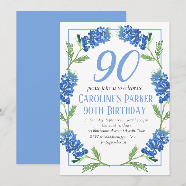 Invitación Bluebonnets 90º cumpleaños Blue Floral Texas (Anverso / Reverso)