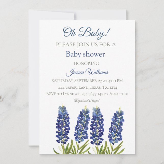 Invitación Bluebonnets Blue Floral Watercolor Texas Baby boy (Anverso)