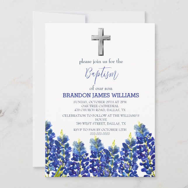 Invitación Bluebonnets Floral Duste Blue Cross Baptism (Anverso)