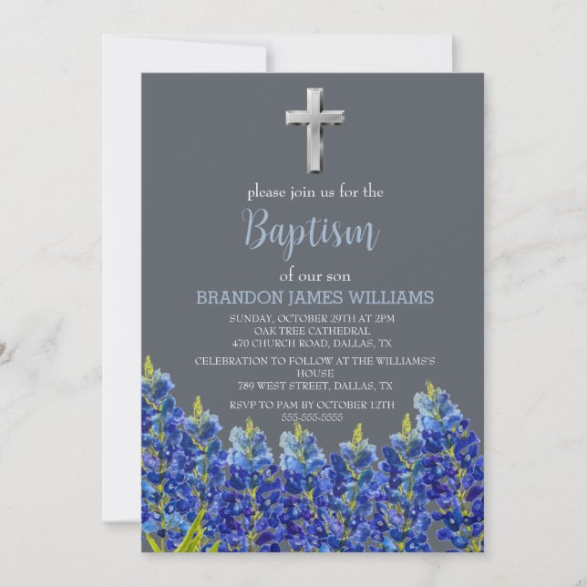 Invitación Bluebonnets Floral Duste Blue Cross Baptism (Anverso)