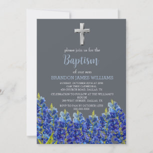 Invitación Bluebonnets Floral Duste Blue Cross Baptism