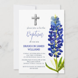 Invitación Bluebonnets Floral Duste Blue Cross Baptism