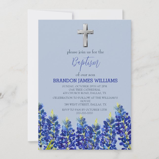 Invitación Bluebonnets Floral Duste Blue Cross Baptism (Anverso)
