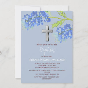 Invitación Bluebonnets Floral Duste Blue Cross Baptism