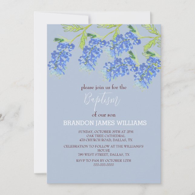 Invitación Bluebonnets Floral Gold Dusty Blue Cross Baptism (Anverso)