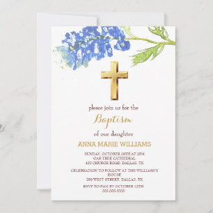 Invitación Bluebonnets Floral Gold Wildflower Cross Baptism