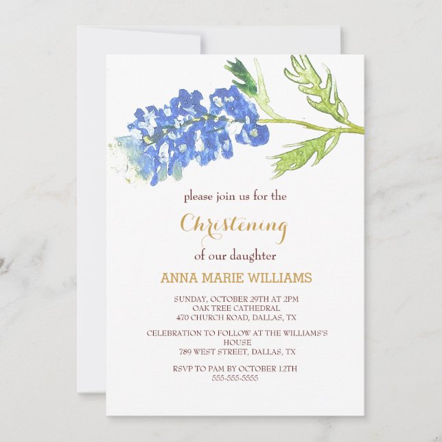 Invitación Bluebonnets Floral Gold Wildflower Cross Baptism (Anverso)