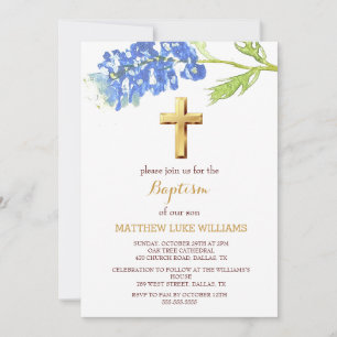 Invitación Bluebonnets Floral Gold Wildflower Cross Baptism