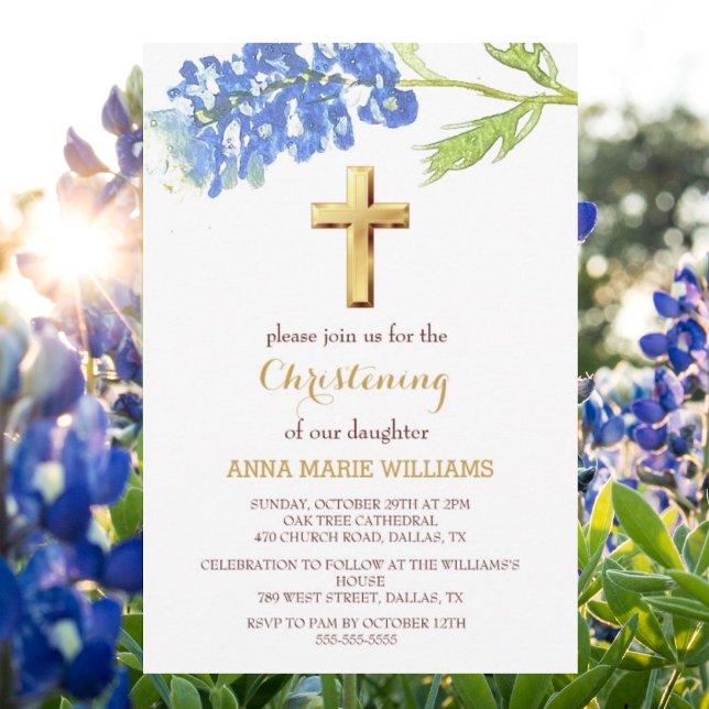Invitación Bluebonnets Floral Gold Wildflower Cross Baptism (Subido por el creador)