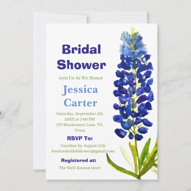 Invitación Bluebonnets Floral Watercolor Boho Bridal Shower (Anverso)