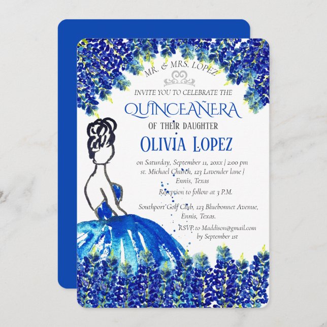 Invitación Bluebonnets Quinceañera Blue Floral Birday (Anverso / Reverso)