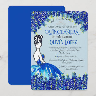 Invitación Bluebonnets Quinceañera Blue Floral Birday