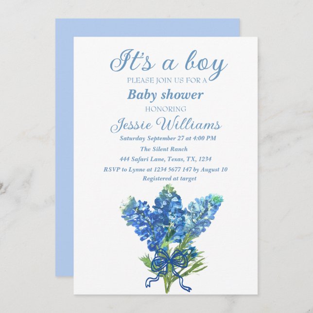 Invitación Bluebonnets Texas Floral Azul Bow Bow (Anverso / Reverso)