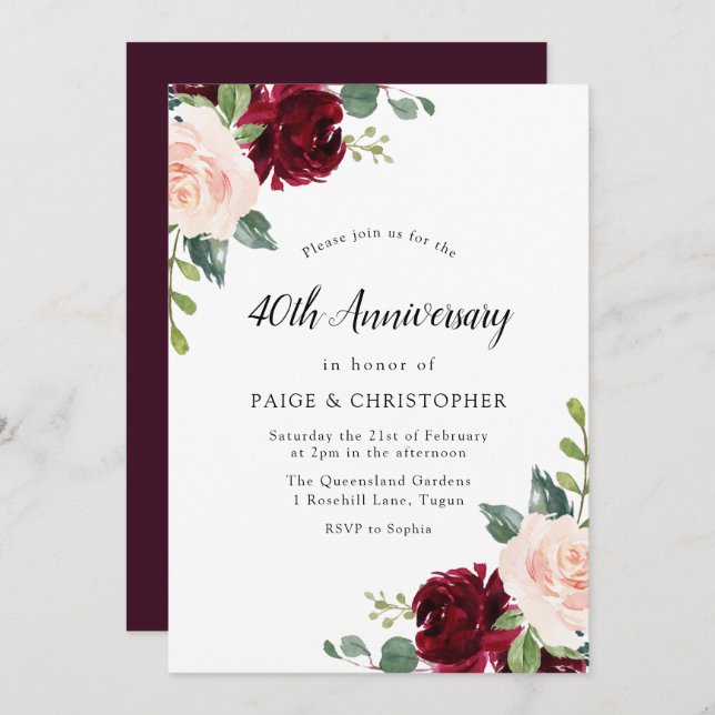 Invitación Blush Acuarela Floral 40 Aniversario de Boda (Anverso / Reverso)