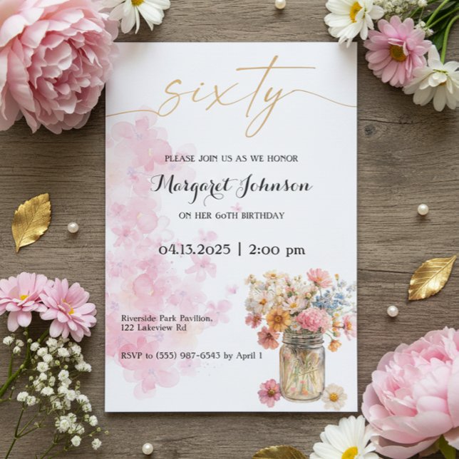 Invitación Blush and Gold Watercolor Birthday Celebration (Soft pink and gold watercolor floral 60th birthday invitation design with elegant feminine style)