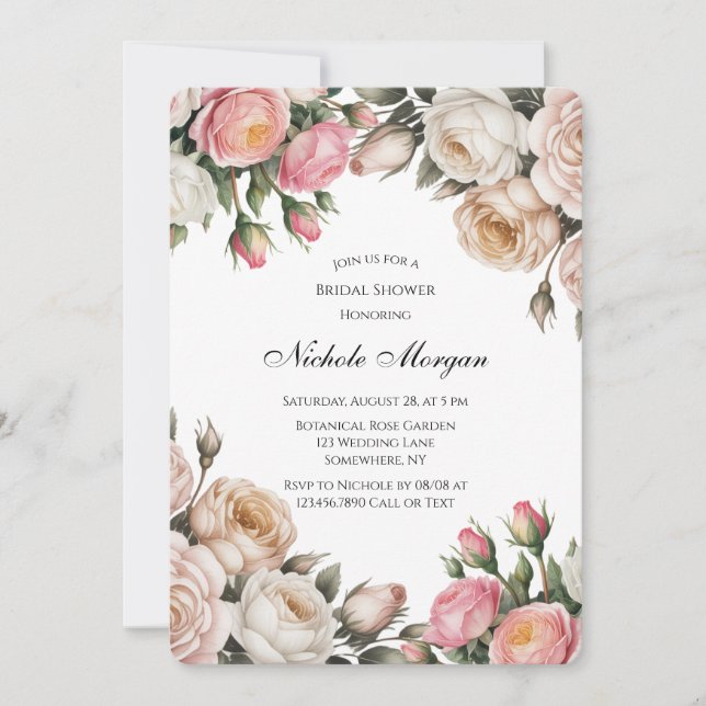 Invitación Blush and Ivory Rose Floral Bridal Shower (Anverso)