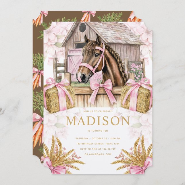 Invitación Blush Barn Horse Birthday Invitation for Girls (Anverso / Reverso)