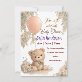 Invitación Blush  Bear Soft Water colour floral baby shower