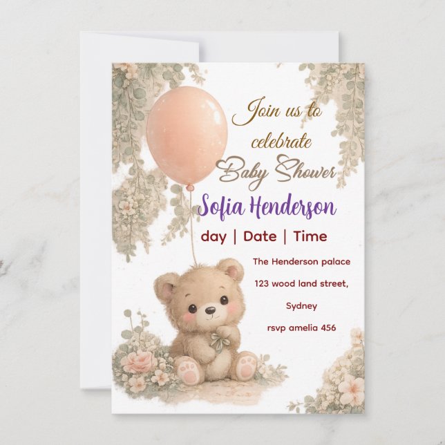 Invitación Blush  Bear Soft Water colour floral baby shower (Anverso)