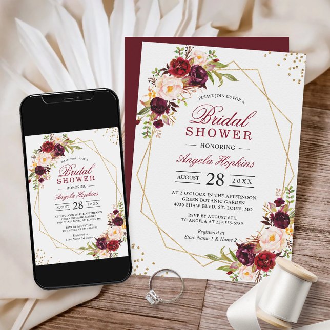 Invitación Blush Burgundy Floral Gold Frame Bridal Shower (Subido por el creador)