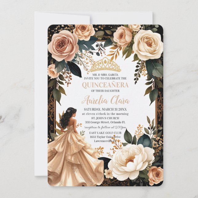 Invitación Blush Champagne Ivory Floral Princess Quinceanera  (Anverso)