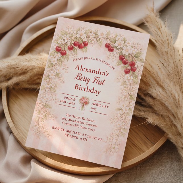 Invitación Blush Cherry Botanical Party 1st Birthday (Subido por el creador)