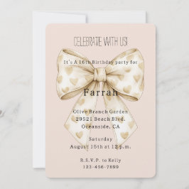 Invitación Blush Cream Hearts Bow Gold Glitter Birthday  
