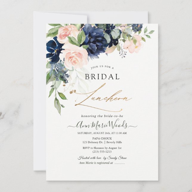 Invitación Blush de acuarela flores azules marino Bridal Almu (Anverso)