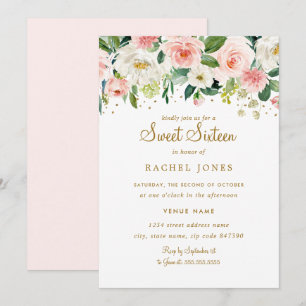 Invitación Blush Dorado Floral Sweet Sixteen