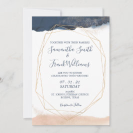 Invitación Blush Dorado Geométrico Azul Moderno