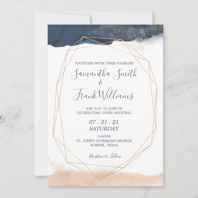 Invitación Blush Dorado Geométrico Azul Moderno (Anverso)