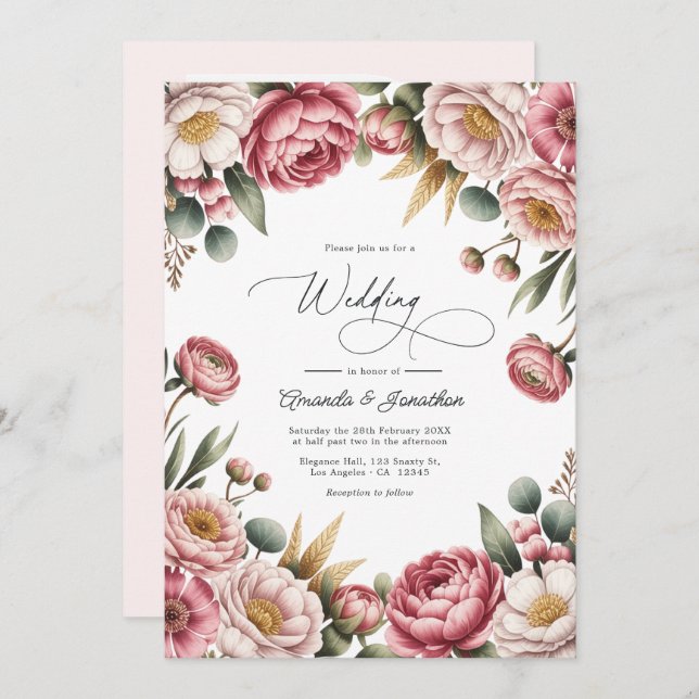 Invitación Blush, Dusty Rose & Gold Floral Wedding QR Code (Anverso / Reverso)