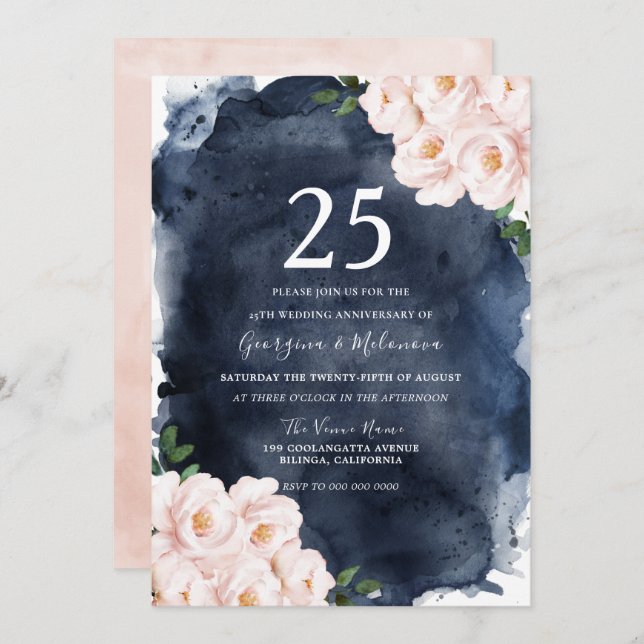 Invitación Blush Floral Acuarela Marina 25 Aniversario (Anverso / Reverso)