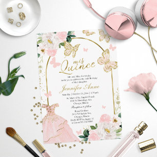 Invitación Blush Floral Butterfly Encantada Quinceañera
