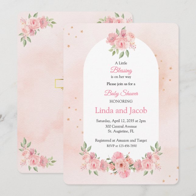 Invitación Blush Floral Christian Baby Shower with Gold Cross (Anverso / Reverso)
