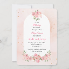 Invitación Blush Floral Christian Baby Shower with Gold Cross