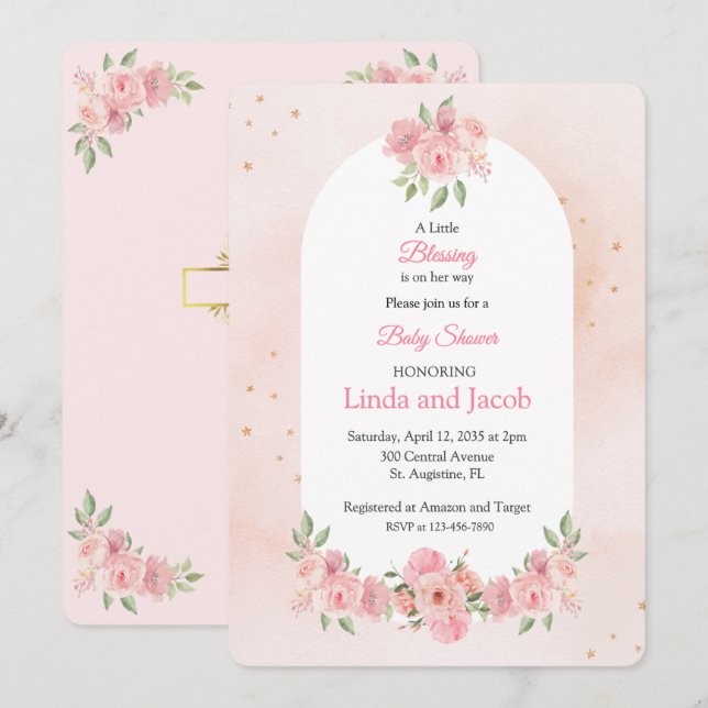 Invitación Blush Floral Christian Baby Shower with Gold Cross (Anverso / Reverso)