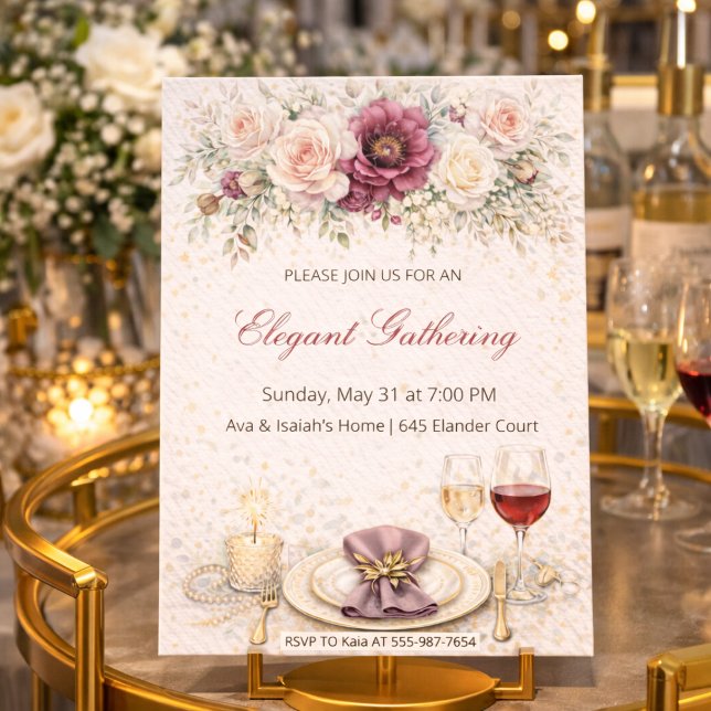 Invitación Blush Floral Dinner Party Invitation (Blush floral dinner setting with gold detail and soft rose table styling)