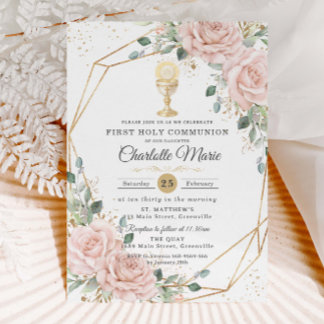 Invitación Blush Floral First Holy Communion Gold Chalice
